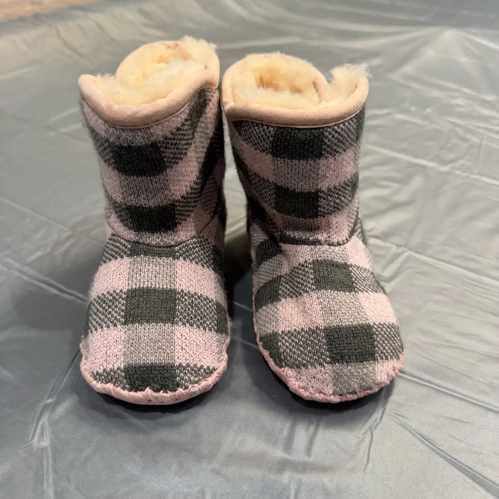 Pink & Gray Uggs Plaid Shearling Baby Booties